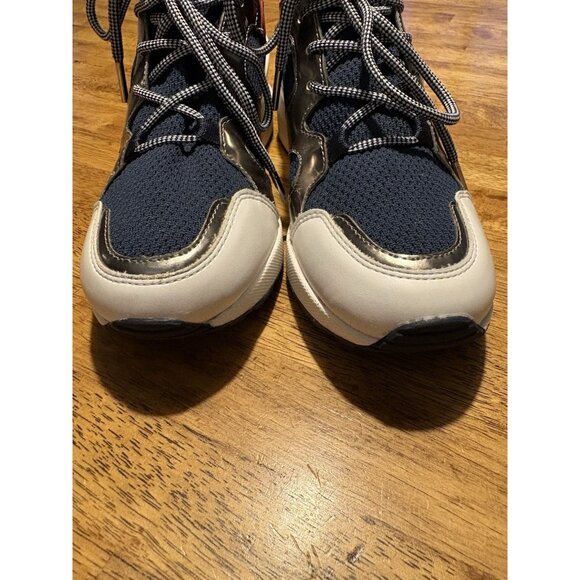 MICHAEL KORS Hilda Knit Sock Leather Wedge Sneaker Trainer Navy Silver Red 6.5 - Picture 5 of 10